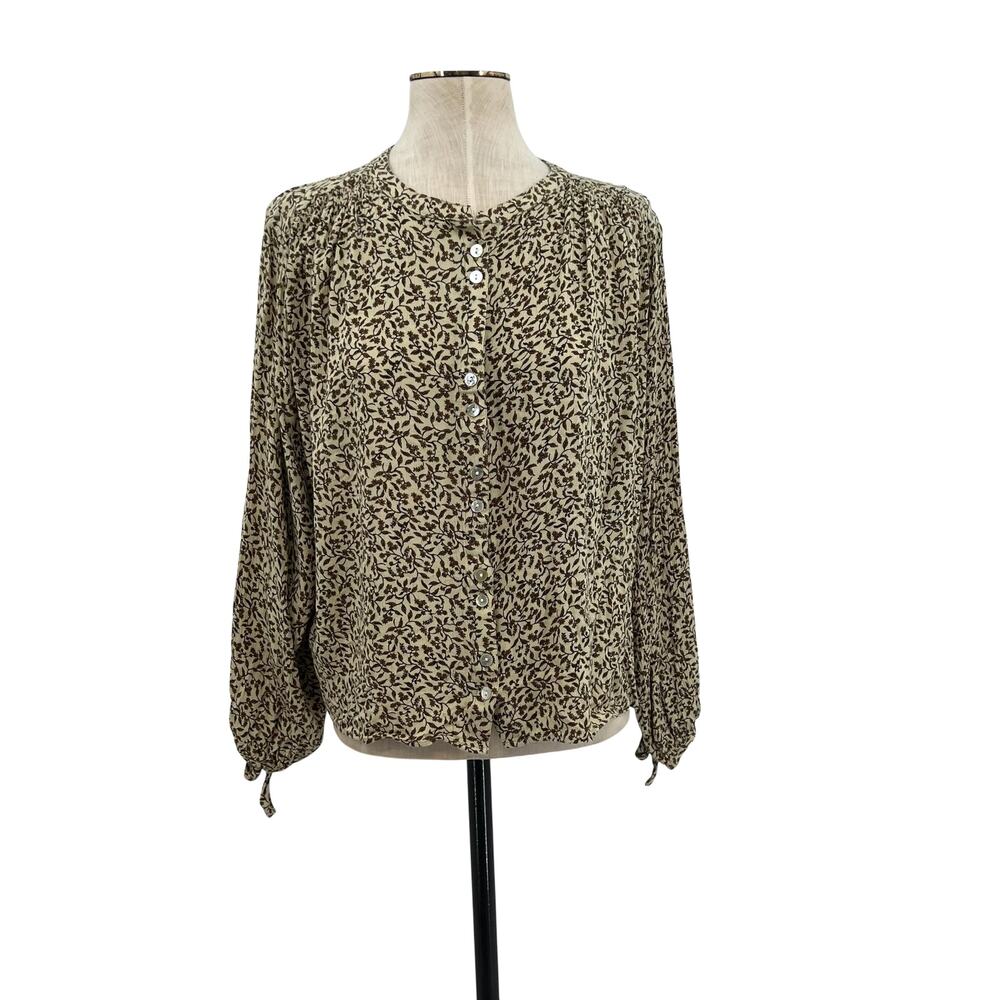 Faherty Floral Button Front Viscose Blouse Top Shirt Tie Cuff Cream Brown XL